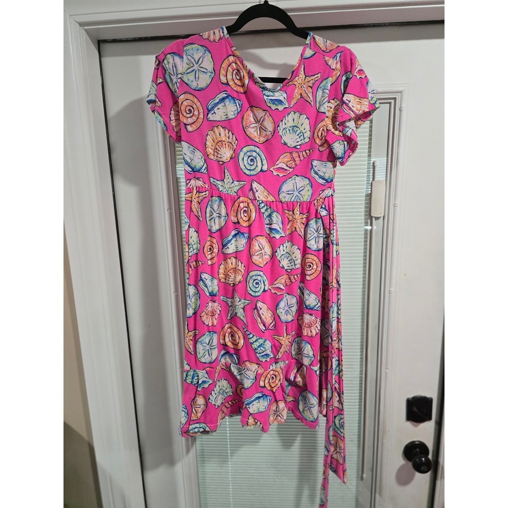 Simply Southern Pink Seashell Starfish Print Ruffle Hem Dress Medium - Picture 3 of 4
